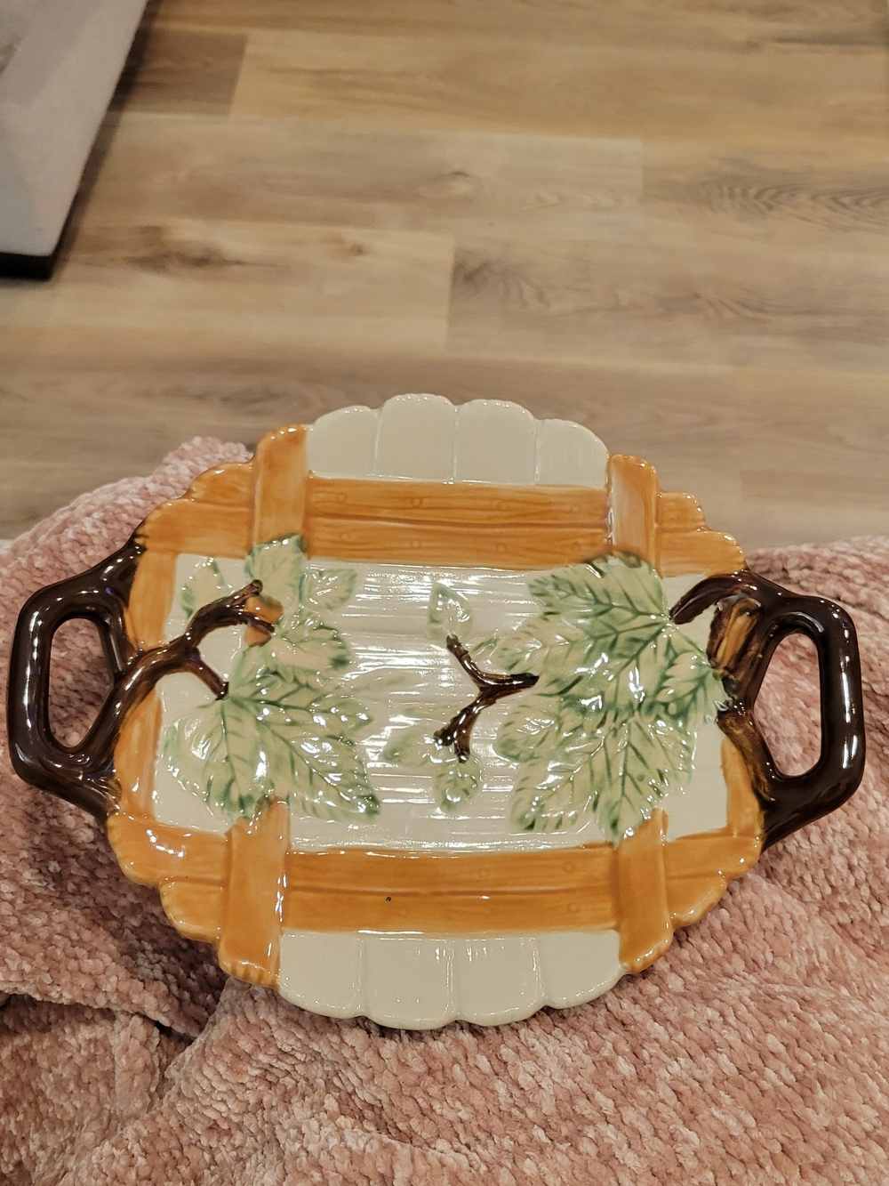 Vintage Majolica Leaf Motif Ceramic Serving Platter - Cream, Green, Brown